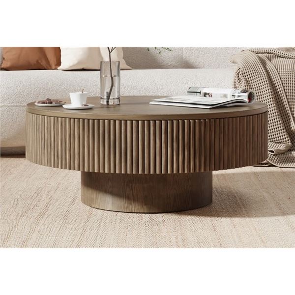 LATITUDE RUN CHIBUZOR 31"W PEDESTAL ROUND COFFEE TABLE WITH ASH & OAK, HANDCRAFTED SOLID WOOD FLUTED