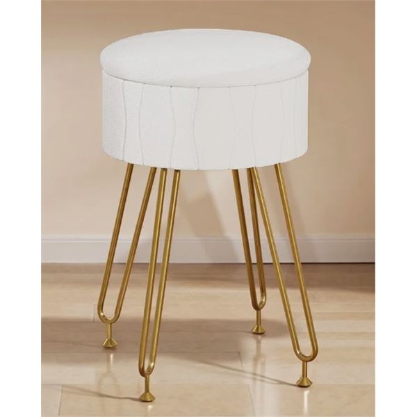 ROUND OTTOMAN FOOT STOOL WITH STORAGE METAL LEGS FOR LIVING ROOM BEDROOM, VELVET UPHOLSTERED VANITY 