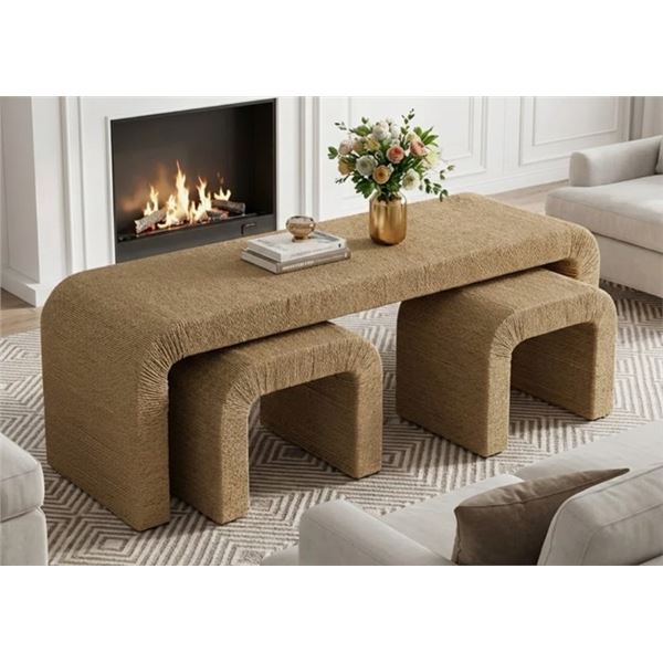 DAKOTA FIELDS BOHO ROPE COFFEE TABLE SET W/ OTTOMAN