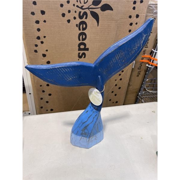 COASTAL BLUE CARVED WOODEN WHALE TAIL TABLETOP STATUE 16 INCHES HIGH