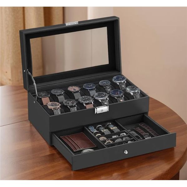 EBERN DESIGNS 12-SLOT WATCH BOX, LOCKABLE WATCH CASE WITH GLASS LID, 2 LAYERS, SYNTHETIC LEATHER, LI