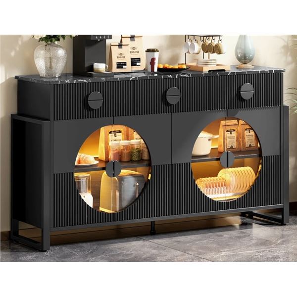 62.2" WIDE FLUTED 3 DRAWER SIDEBOARD BUFFET WITH RGB LED LIGHTS