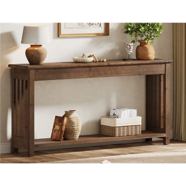 MILLWOOD PINES 63-INCH SOLID WOOD CONSOLE TABLE WITH 2-TIER STORAGE, FARMHOUSE ENTRYWAY TABLE, RECTA
