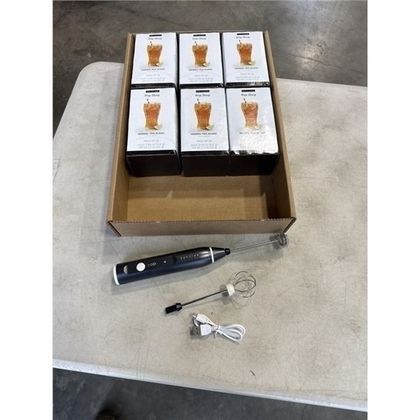 NEW EPICURE AIR WAND RECHARGEABLE TYPE C FROTHER / MIXER, AND 6 BOXES OF HERBAL TEA BLEND, 20 BAGS P