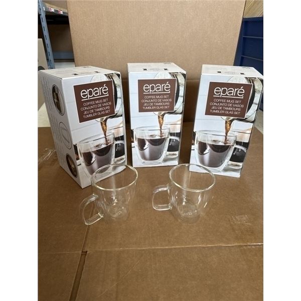 SET OF 6 NEW EPARE 12OZ COFFEE MUG SET, DUAL WALL INSULATED GLASS RETAIL $54 EACH, 3 SETS OF 2, TOTA