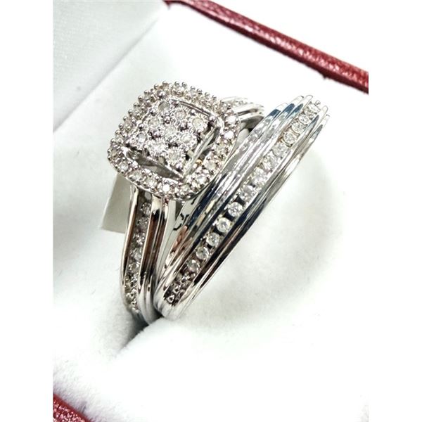STERLING SILVER NATURAL DIAMOND (0.17CT) ENGAGEMENT RING & WEDDING BAND, W/A $750.00