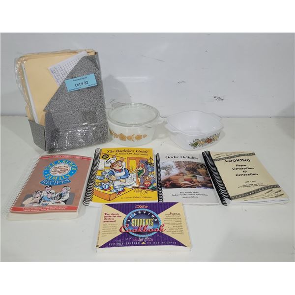 Assorted Cookbooks, Recipe Files & Vintage Casserole Dishes