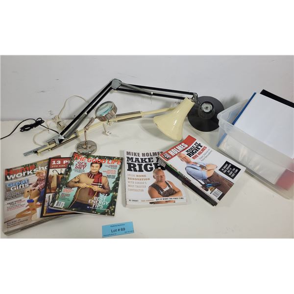 Assorted Desk Lamps, Magnifier, Home Improvement Books & Storage Tote