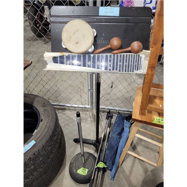 Mixed Household Items Including Stools, Plant Stand, Tripod and Music Accessories
