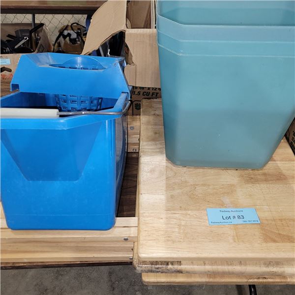 Mop Bucket, 3 Wooden Tables & 3 Garbage Cans