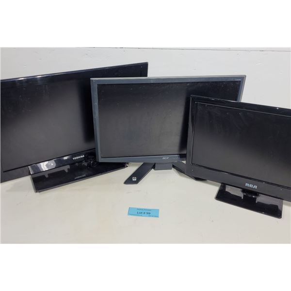 3 Flat Screen Displays – Toshiba 24" LCD TV, Acer X223W 22" Monitor, RCA LED19A30 19" LED T