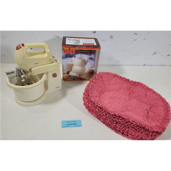 French Cafe Hot Chocolate Maker, Vintage Philips Stand/Hand Mixer & Ruffled Placemats