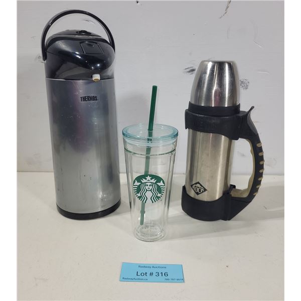 Thermos Pump Pot, Starbuck Tumbler & The Rock Beverage Bottle