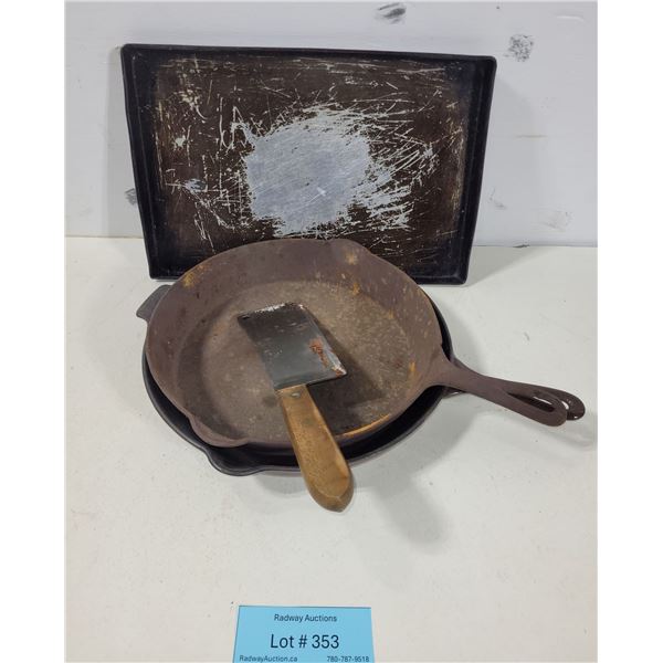 2 Cast Iron Pans, Vintage Meat Cleaver & Baking Sheet