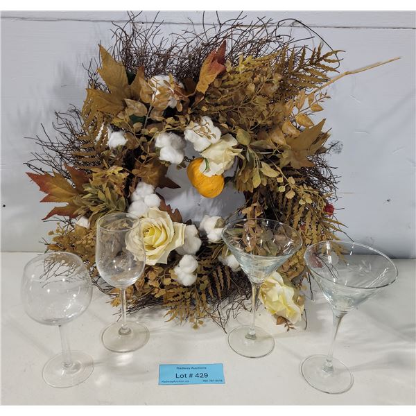 Autumn Wreath & Assorted Glassware