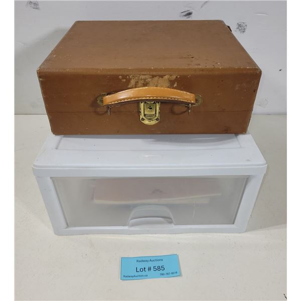 Vintage Leather Suitcase & Plastic Storage Drawer
