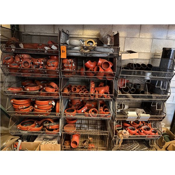 Qty 3 Wire Rack Shelving Units & Contents: Pipe Fittings, Clamps, Hardware, etc