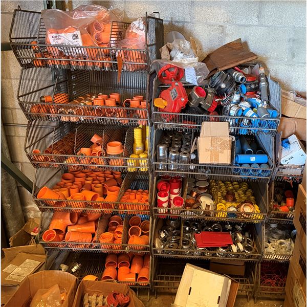 Qty 2 Wire Rack Shelving Units & Contents: Pipe Fittings, Clamps, Hardware, etc