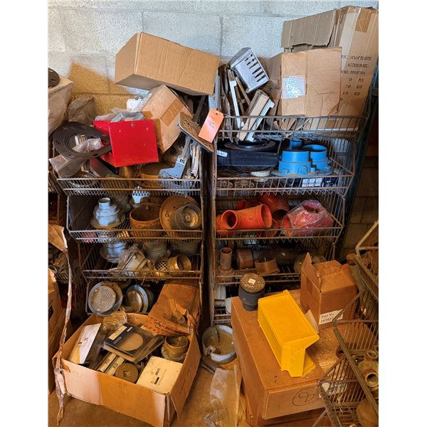 Qty 2 Wire Rack Shelving Units & Contents: Pipe Fittings, Drain Covers, etc