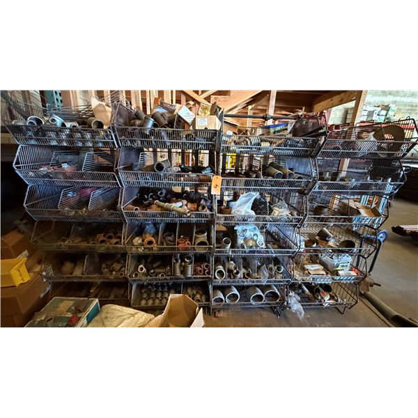 Qty 4 Wire Rack Shelving Units & Contents: Pipe Fittings, Valves, Hardware, etc