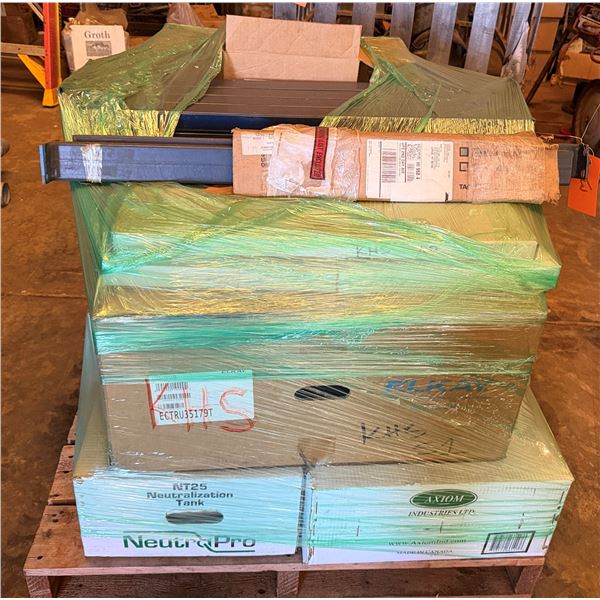 Contents of Pallet: Metal Support Posts, PVC Valves, Elkay ECTRU35179T Sink, Axiom Neutralization Ta
