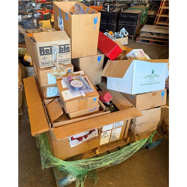 Contents of Pallet: Potter Pressure Actuated Switches, Gauges, Sprinkler Heads, Pipe Hangers, etc