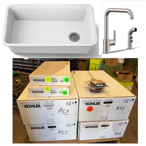 Qty 4 Boxes Kohler 8206-CM6 Single Basin Sinks & 2 Boxes 7508-VS Faucets