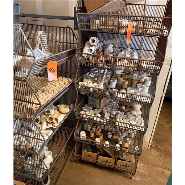 Qty 2 Wire Rack Shelving Units & Contents: Pipe Fittings, Couplings, Hardware, etc