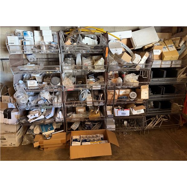 Qty 4 Wire Rack Shelving Units & Contents: Drain Pipes, Strainers, Hose, Hardware, etc