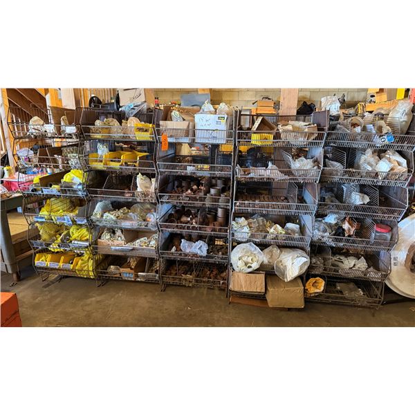 Qty 5 Wire Rack Shelving Units & Contents: Pipe Fittings, Couplings, Caps, Hardware, etc