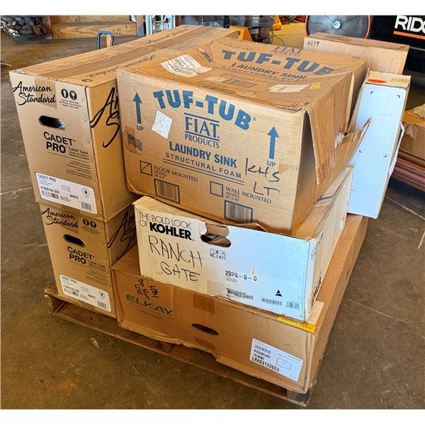 Contents of Pallet: Tuf-Tub Laundry Sink, Cadet Pro Toilet Tanks, Elkay Sink, etc