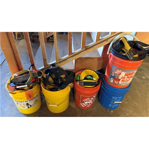 Qty 5 Buckets Safety Equipment: Straps, Ropes, Shock Absorbers, etc