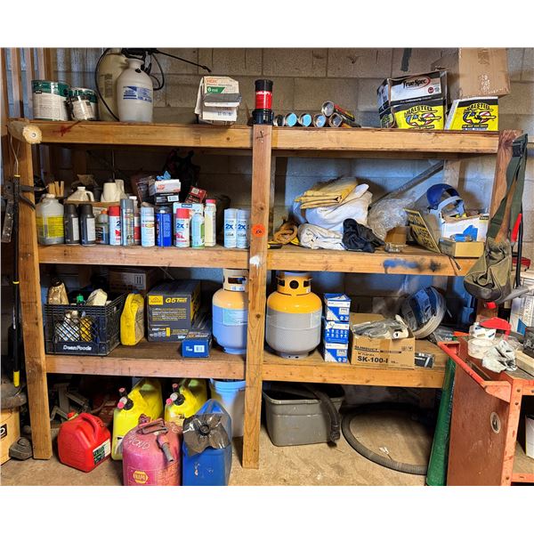 Contents of Shelf: Poly Sprayers, Spray Paint, Propane Tank, Gas Cans, Adhesives, etc (shelf not inc