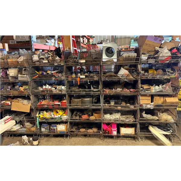 Qty 5 Wire Rack Shelving Units & Contents: Pipe Fittings, Wire, IPS Flashing, Ties, Hardware, etc