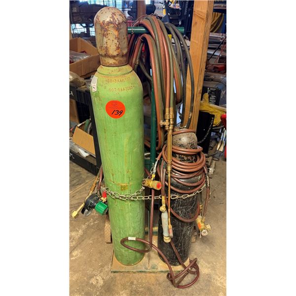 Qty 2 Welding Tanks, Torches, Hoses & Leads on Harper Hand Truck