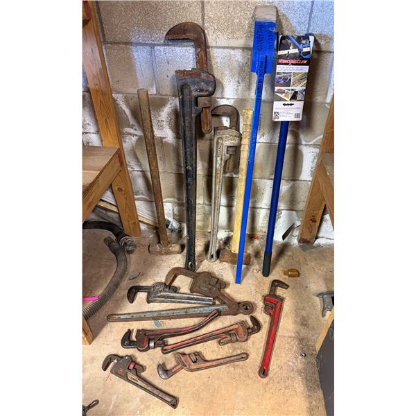 Multiple Industrial Pipe Wrenches, Sledgehammer, Wrecking Claw, etc