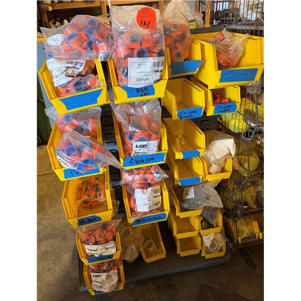 Contents of Shelf: Multiple Pipe Fittings, Acousto Clamps, Hardware, etc (rack & bins not included)