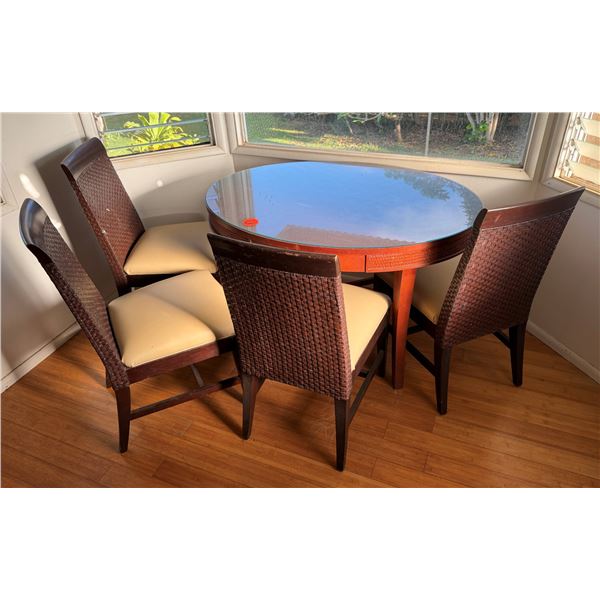 Round Wooden Table w/ Clear Top 48" Dia, 30"H & 4 Woven Chairs w/ Upholstered Seats