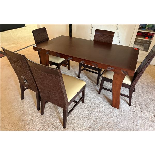 Rectangular Wooden Table 66" x 36" & 5 Woven Chairs w/ Upholstered Seats