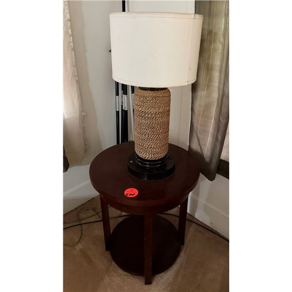 Round Wooden Side Table 22" Dia w/ Undershelf & Table Lamp w/ Woven Base 29"H