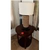 Image 1 : Round Wooden Side Table 22" Dia w/ Undershelf & Table Lamp w/ Woven Base 29"H