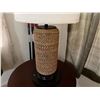 Image 2 : Round Wooden Side Table 22" Dia w/ Undershelf & Table Lamp w/ Woven Base 29"H