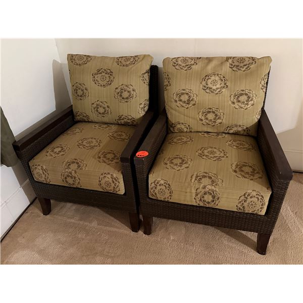 Qty 2 Wooden Armchairs w/ Woven Sides Seat Cushions & Backs 28" x 30"