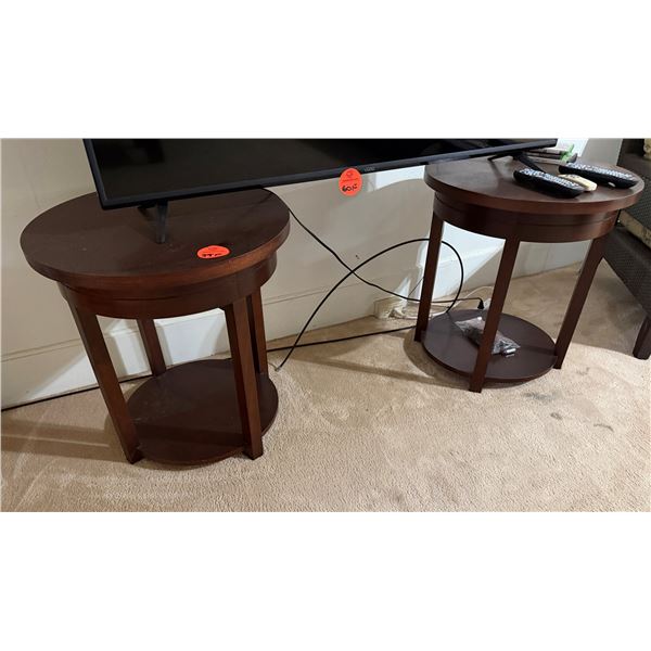 Qty 2 Round Wooden Side Tables w/ Undershelves