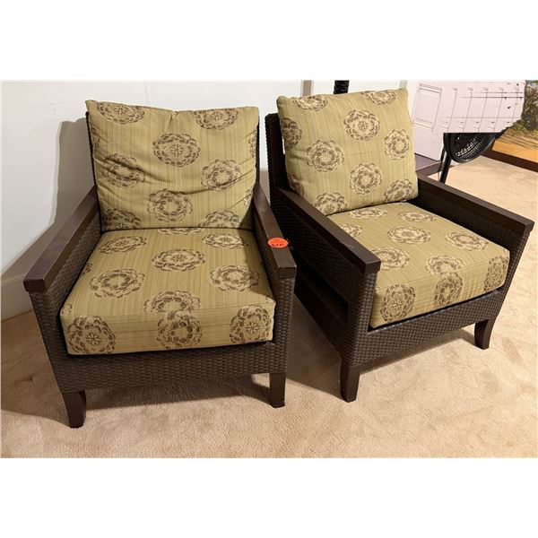 Qty 2 Wooden Armchairs w/ Woven Sides Seat Cushions & Backs 28" x 30"