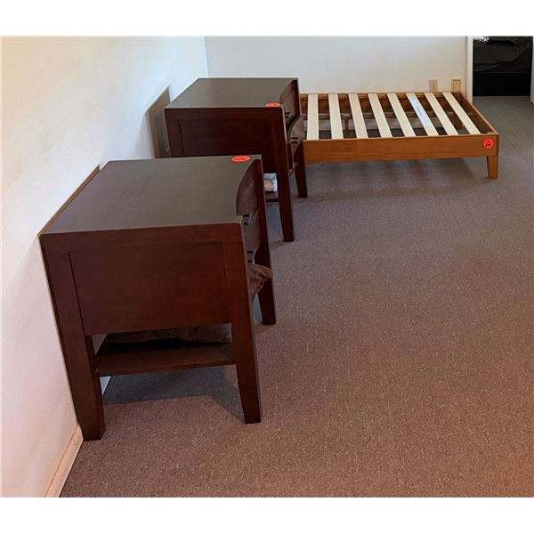Qty 2 Wooden Night Stands w/ 2 Drawers 27" x 20" x 28"H & Wooden Platform Bed Frame 75" x 54"