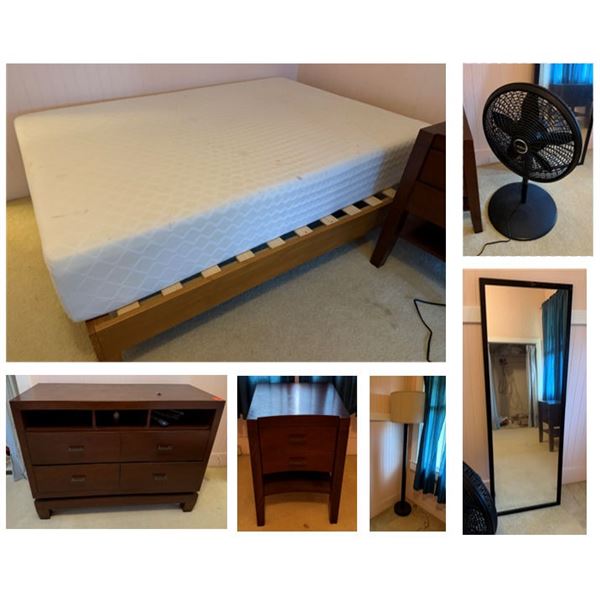 Platform Bed Frame w/ Mattress, Mirror, Lamp, Fan, Night Stand & Cabinet w/ Drawers, Misc Sizes