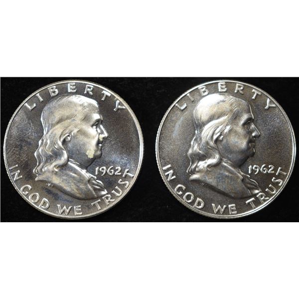 (2) 90% SILVER 1962 FRANKLIN HALF DOLLARS PROOF BU