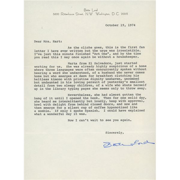 Bette Lord signed letter