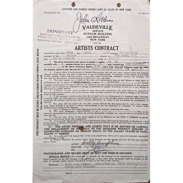 Dolly Dumplin Signed Vaudeville Artists Contract